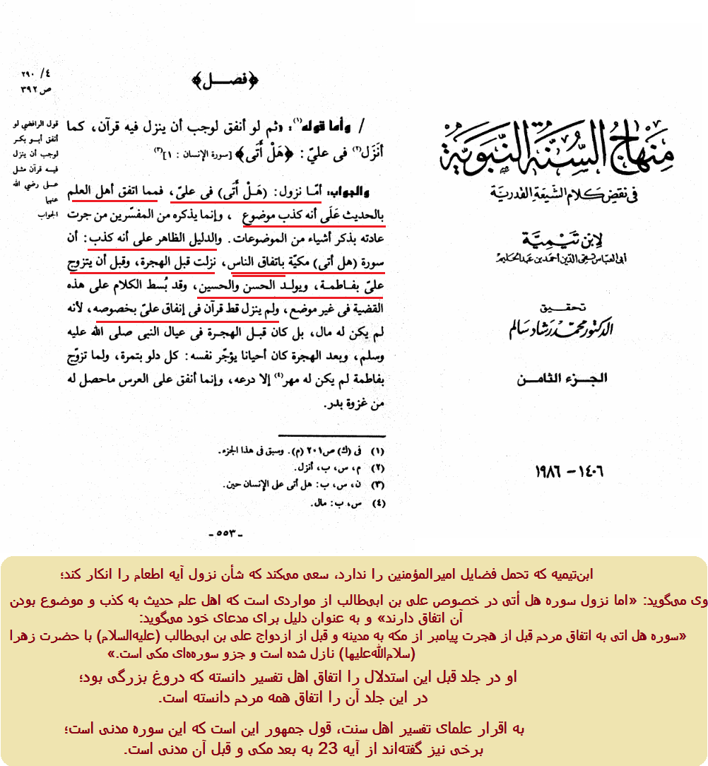 دروغگویی ابنتیمیه و اتهام دروغ زدن بیدلیل در شأن نزول آیه اطعام