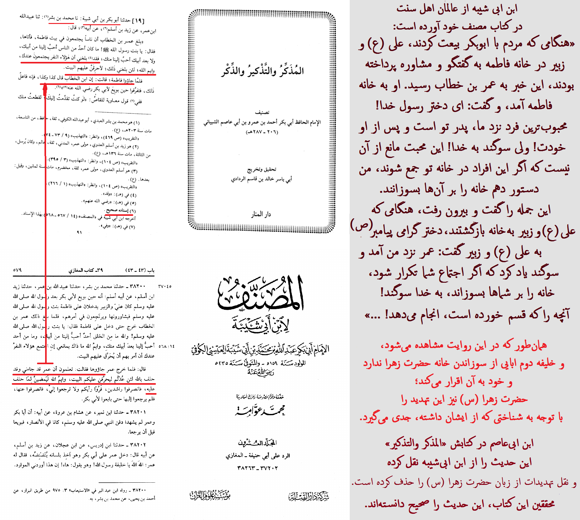 سانسور روایت صحیح ابن ابی شیبه در مورد تهدید عمر به آتش زدن خانه