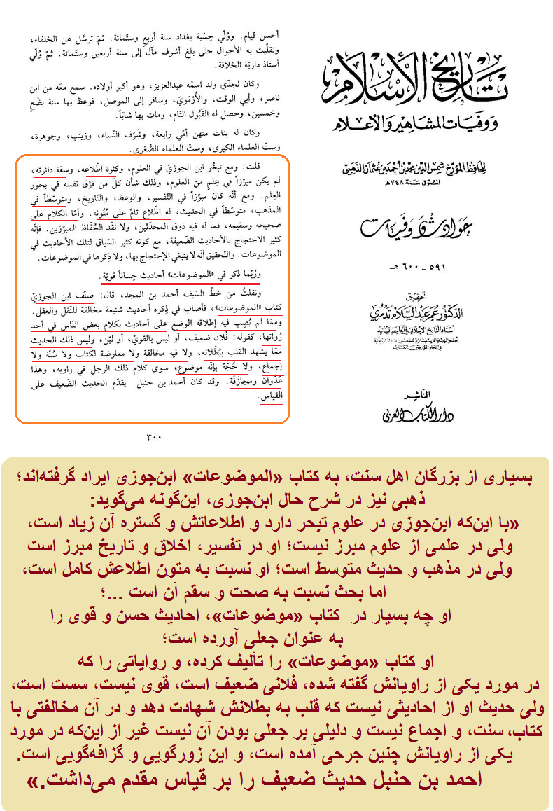 رد اظهارات ابنجوزی در کتاب الموضوعات توسط ذهبی