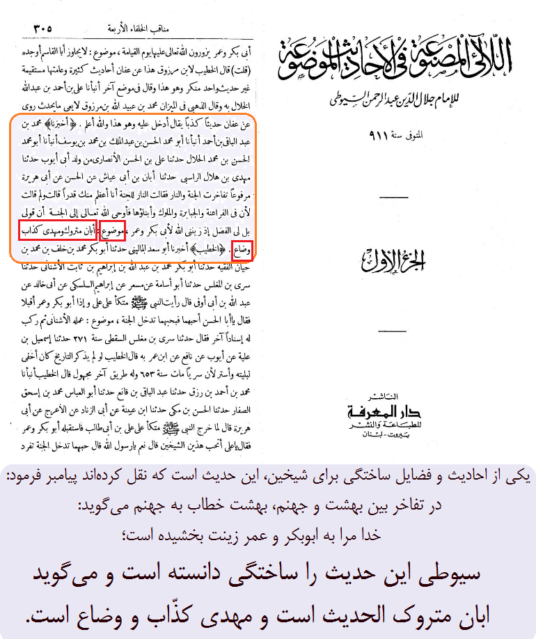 رد حدیث «ابوبکر و عمر زینت بهشت» توسط سیوطی