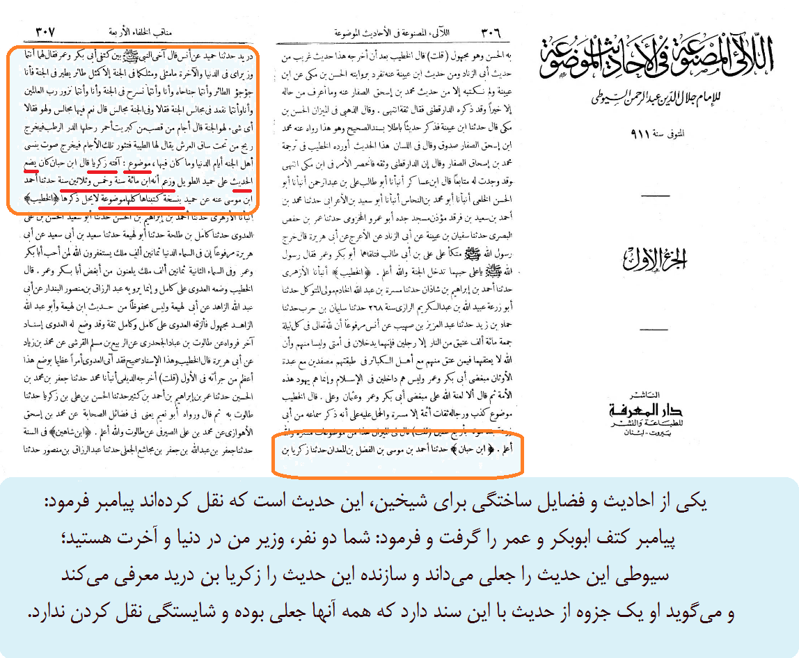 رد حدیث «وزارت ابوبکر و عمر برای پیامبر در دنیا و آخرت» توسط سیوطی
