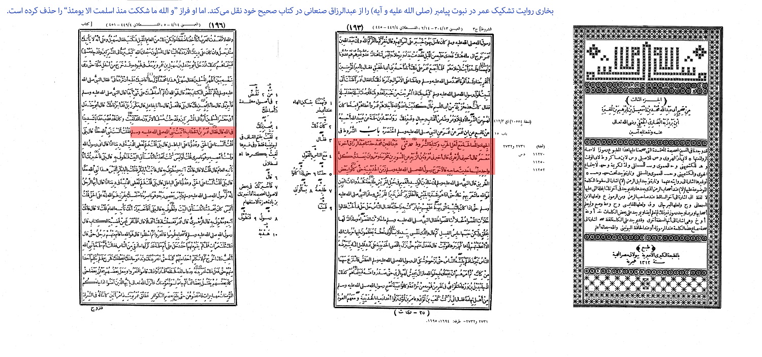 حذف فراز تشکیک عمر در نبوت پیامبر اسلام صلی الله علیه و آله در کتاب صحیح بخاری